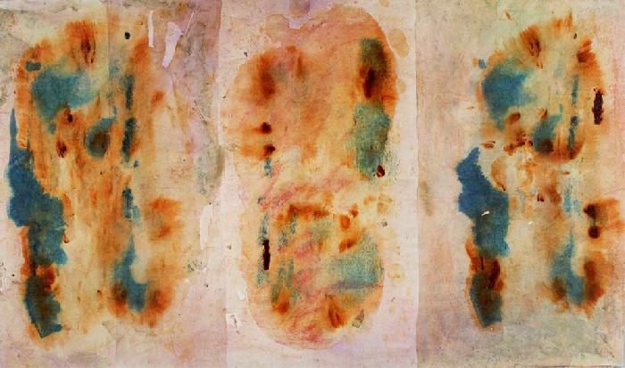 Trois traces colorées 2005, Indian ink, acrylic, Japanese paper,  laid  down on canvas, 130x161cm. 
